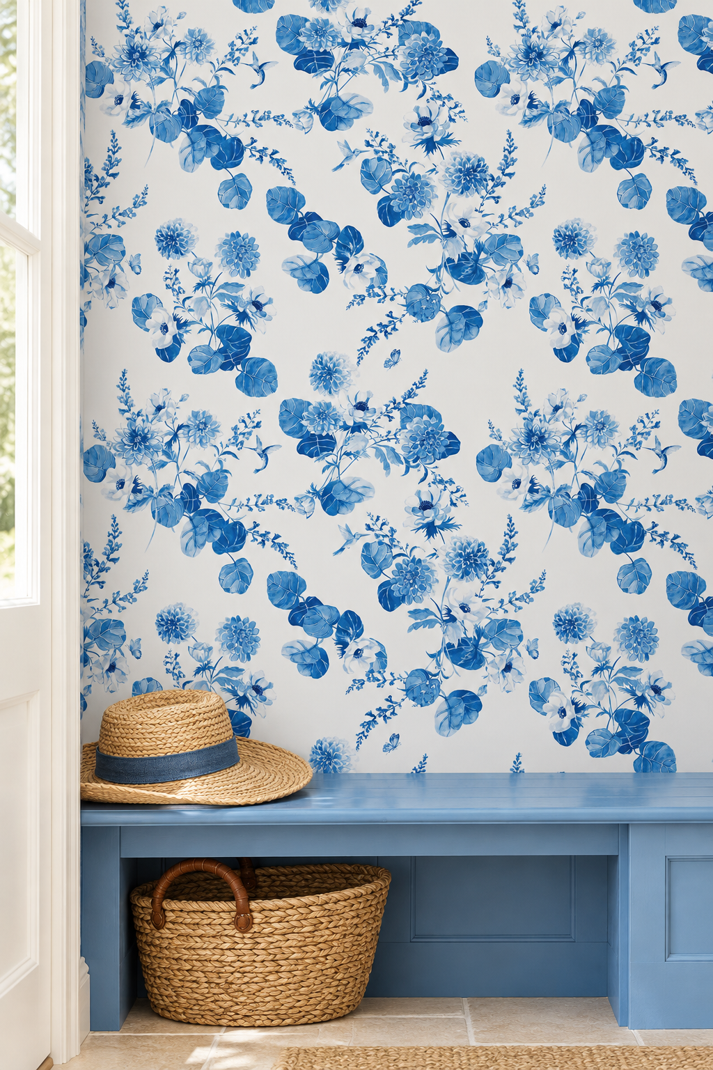Chirp Society Garden wallpaper with hand-painted dahlias, scabiosa, snapdragons, and hummingbirds in a vibrant watercolor botanical design in french blue and white chinoiserie inspired  colors, perfect for welcoming foyers