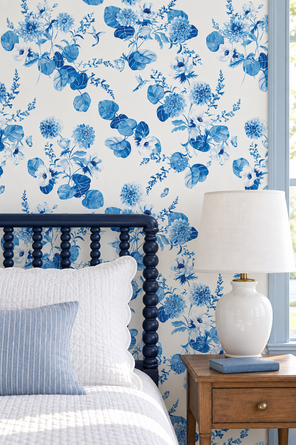 Blue floral wallpaper with a white background, styled in a bedroom setting behind a dark wooden bed headboard and next to a wooden nightstand with a white lamp.