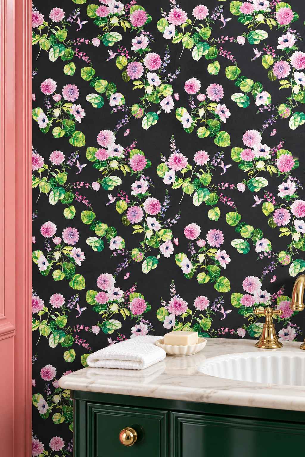 Chirp Society removable peel and stick wallpaper in Midnight Black featuring watercolor pink flowers, lush green leaves, hummingbirds and butterflies featured in this modern bathroom