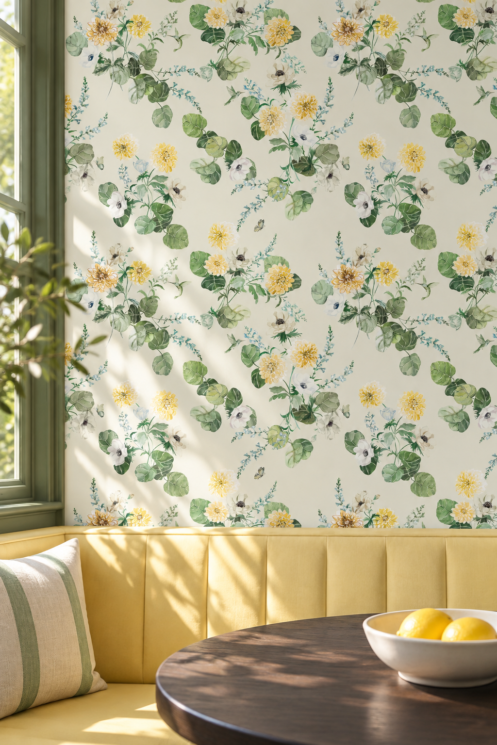 Floral wallpaper with yellow flowers and green leaves on a cream background, shown in a styled interior setting with a yellow upholstered bench, dark wood table, and a window. chirp society garden green wallpaper, hummingbird wallpaper, floral wallpaper, botanical wallpaper, watercolor wallpaper, summer wallpaper, garden wall covering, nature wallpaper, vibrant floral wallpaper, dahlia and snapdragon wallpaper, grasscloth, eco-friendly wall-covering perfect for cozy cottage guest bedrooms and master suites