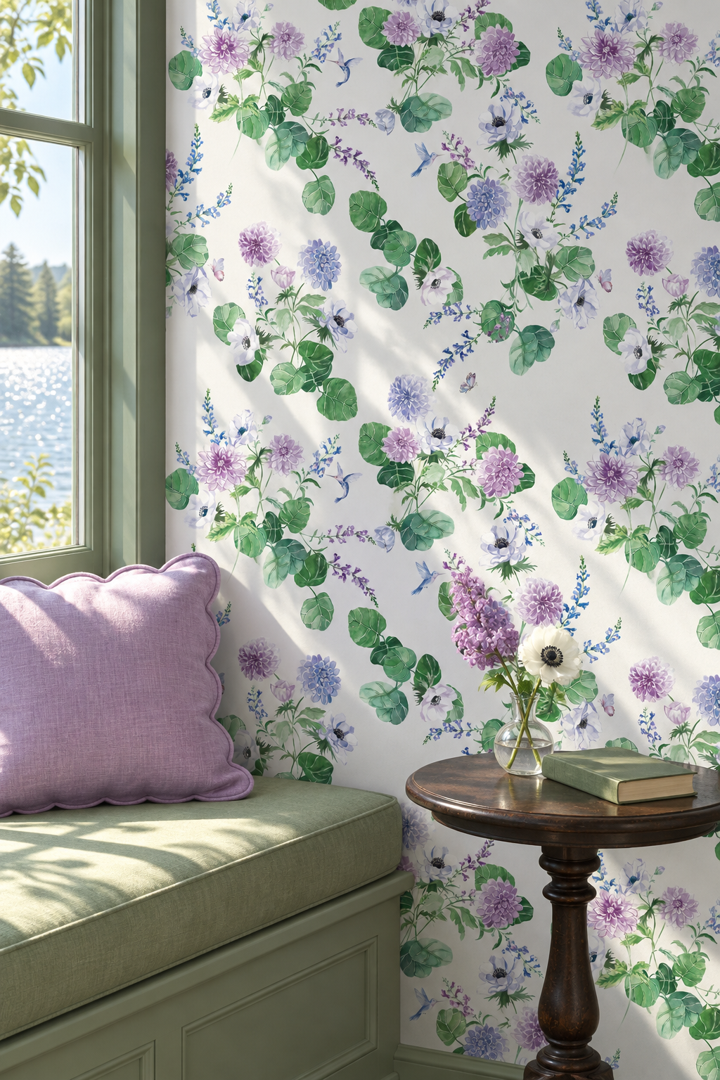 Watercolor floral wallpaper with purple flowers and green leaves on a white background, styled in a room setting with a window, a cushioned bench, and a small wooden side table. Chirp Society Garden wallpaper with hand-painted dahlias, scabiosa, snapdragons, and hummingbirds in a vibrant watercolor botanical design of lilacs, purples and garden greens perfect for f
