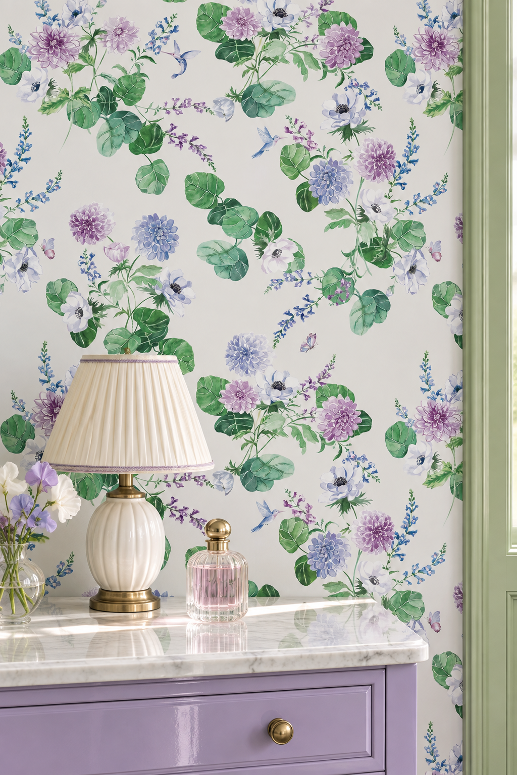 Chirp Society Garden wallpaper with lilac, purple and green hand-painted dahlias, scabiosa, snapdragons, and hummingbirds in a vibrant watercolor botanical design perfect for calming guest bedrooms and master suites