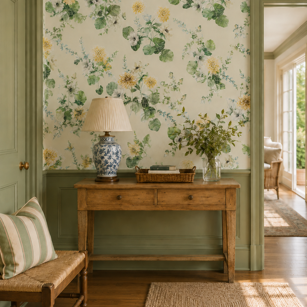 Green and neutral traditional floral wallpaper featured in a cozy entryway