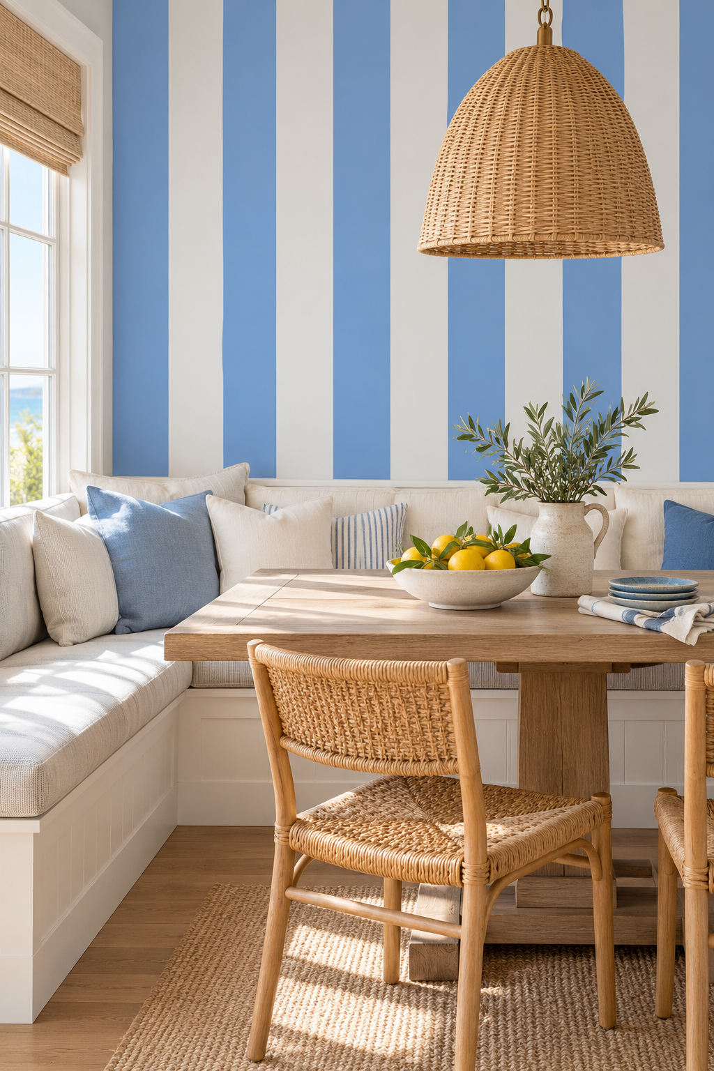 Dining area with bold striped luxury wall-covering in blue and white commercial grade vinyl that is perfect for restaurants, commercial spaces and high traffic areas.