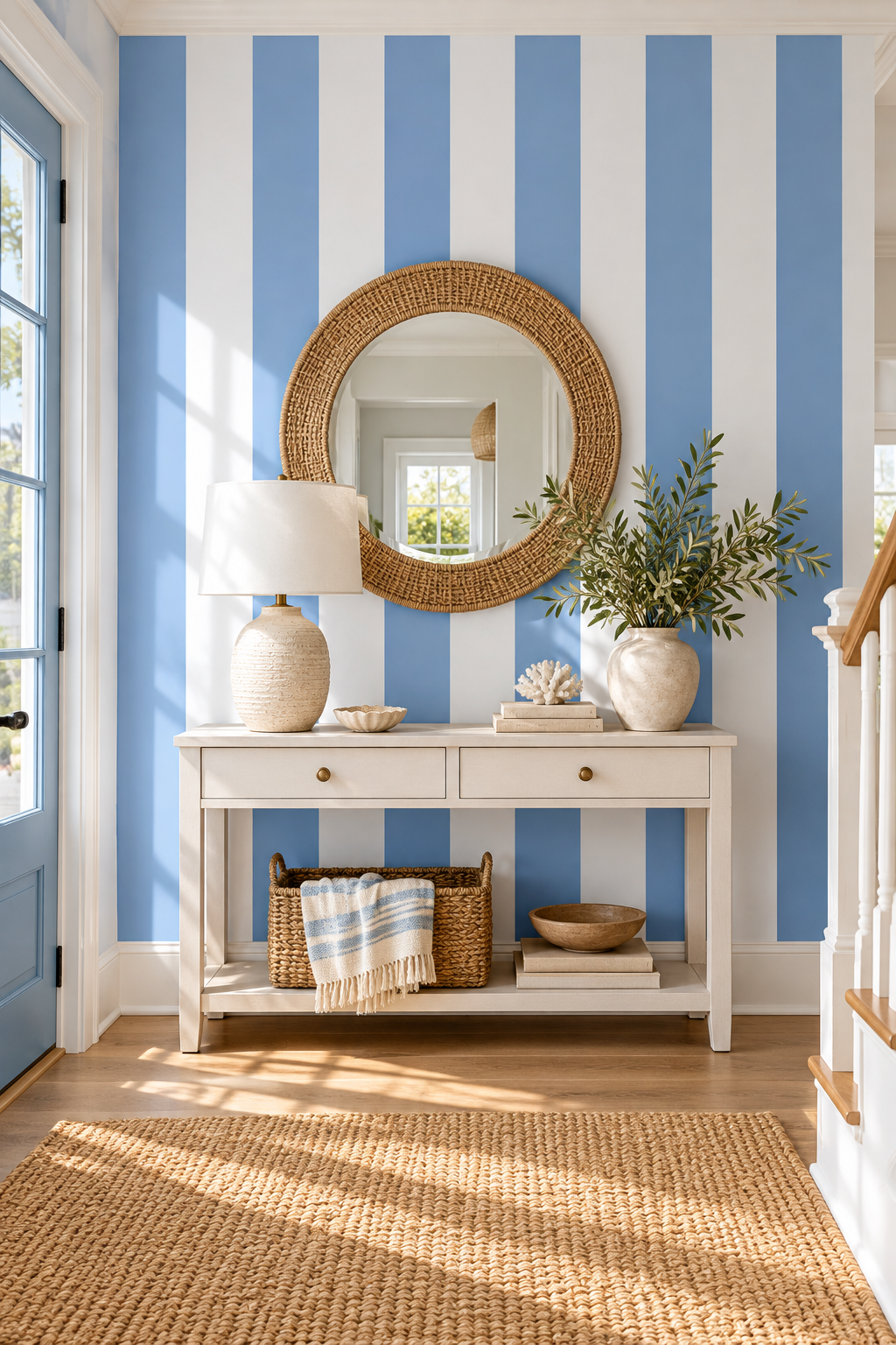 all natural and eco-friendly classic and nautical blue and white stripe wallpaper featured in this coastal residential foyer.