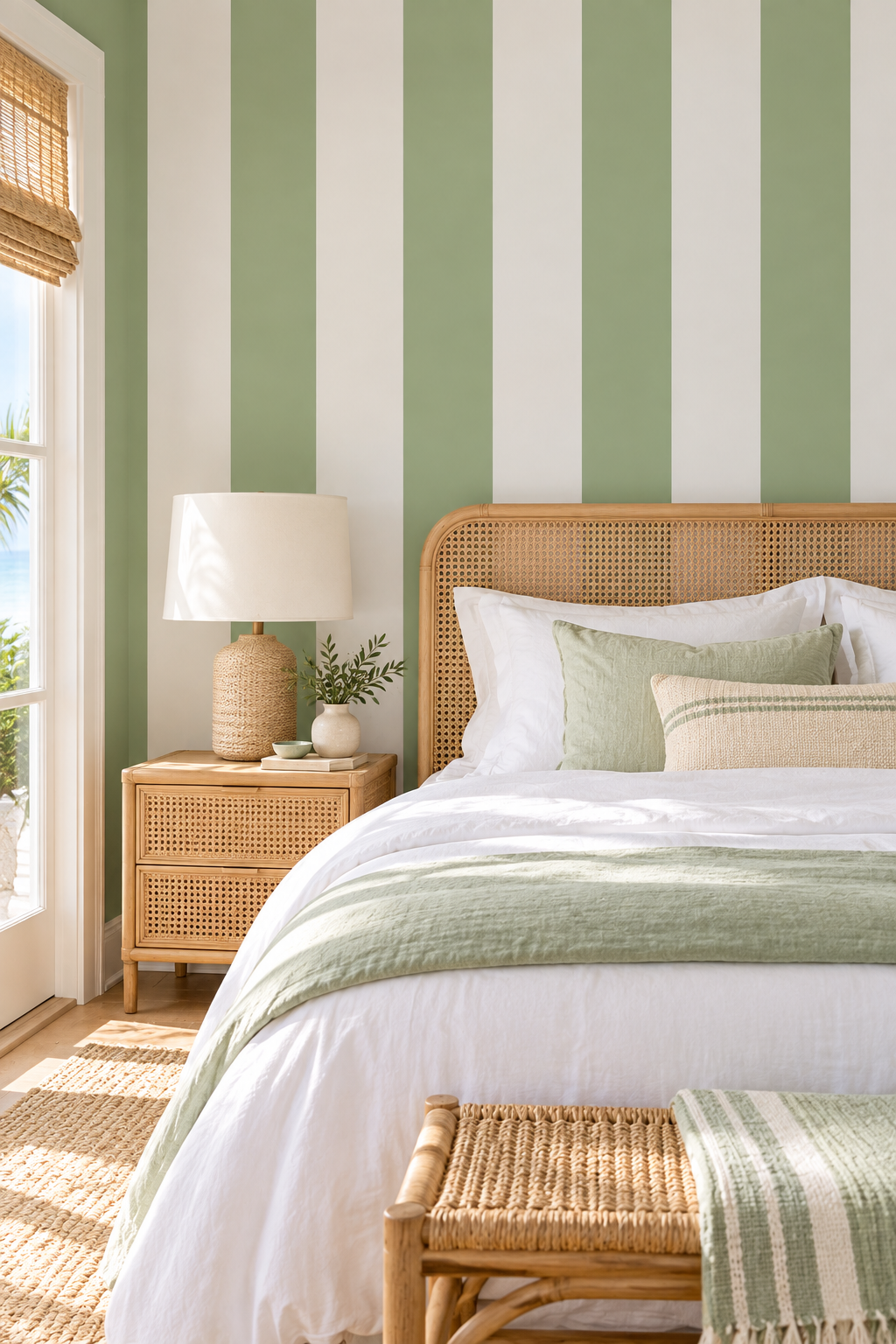quiet and peaceful coastal bedroom with eco-friendly grasscloth wallpaper in clean green and white stripe