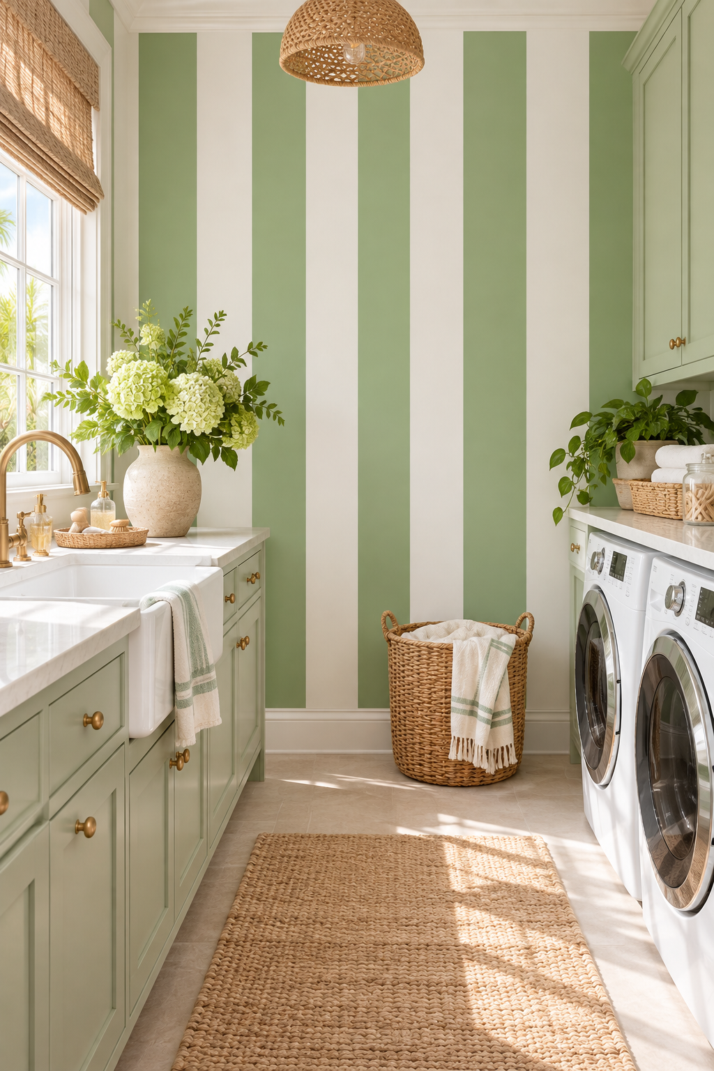 High performance vinyl wallpaper in green and white stripe perfect for laundry rooms, mudrooms and bathrooms like the one you see here because of it's moisture resistance