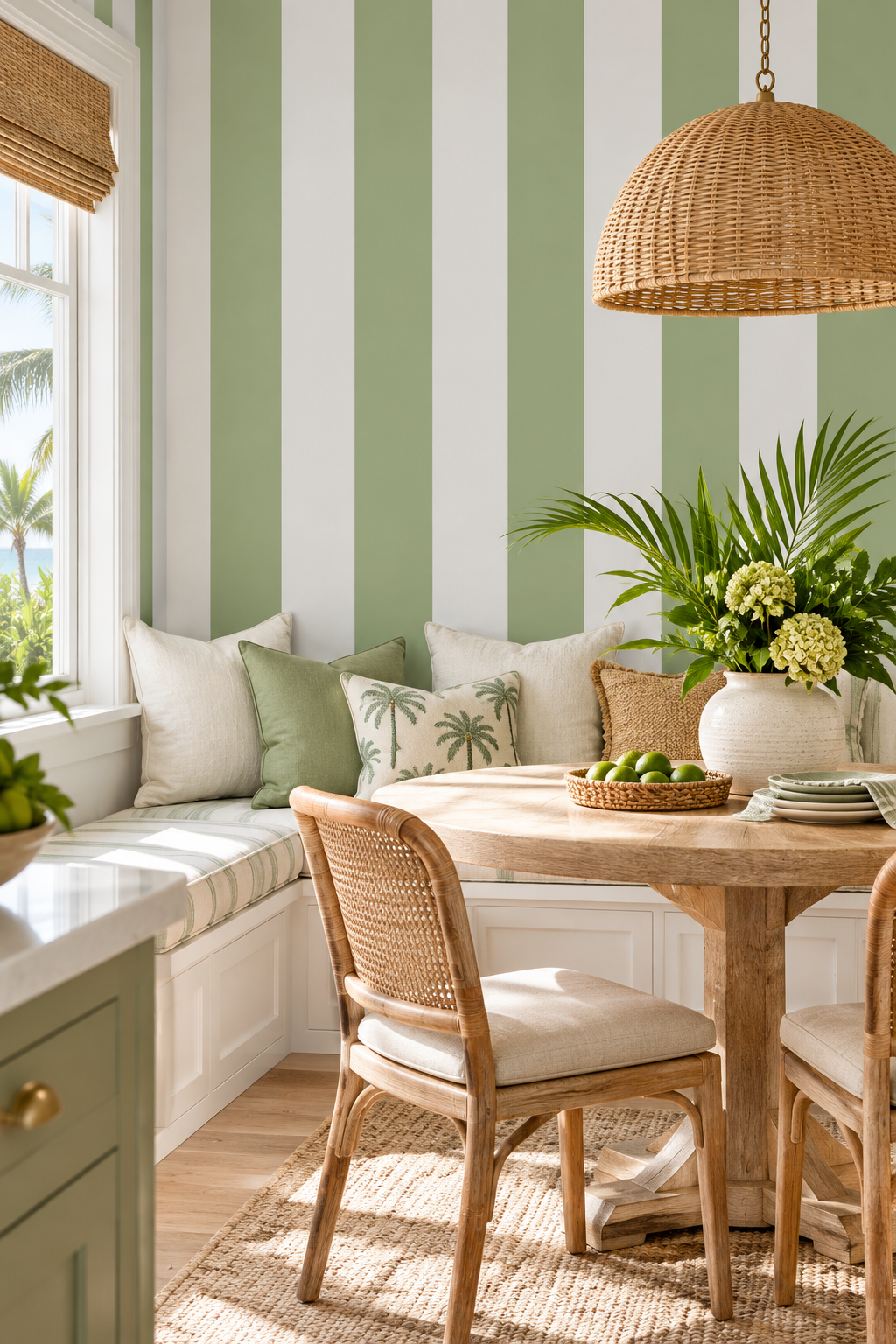 dining room in coastal vacation house with impactful bold garden green and white cabana striped traditional wallpaper