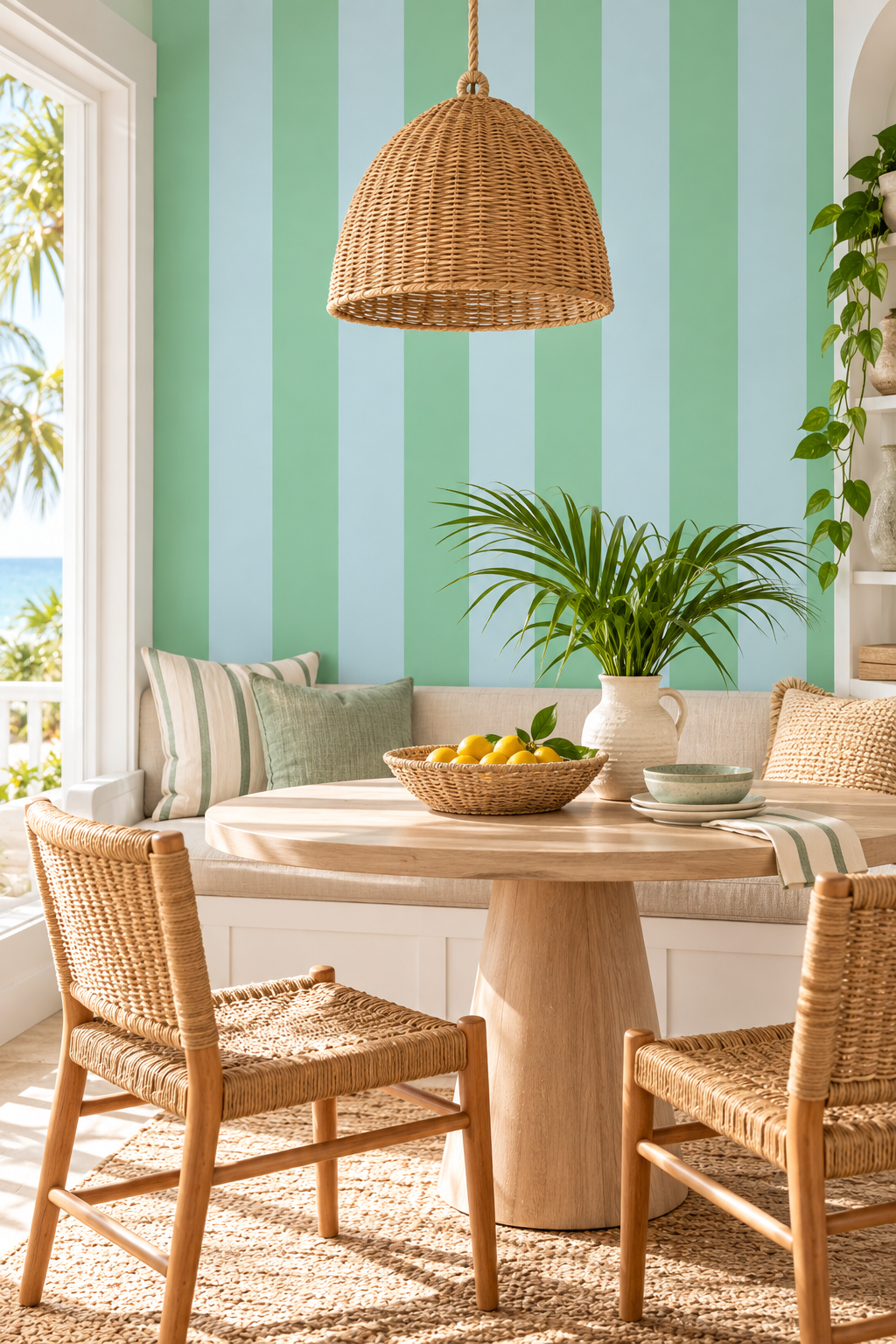 coastal breakfast nook with light blue and green striped commercial grade vinyl wallpaper that is perfect for high traffic spaces because it is water and stain resistant and can be washed
