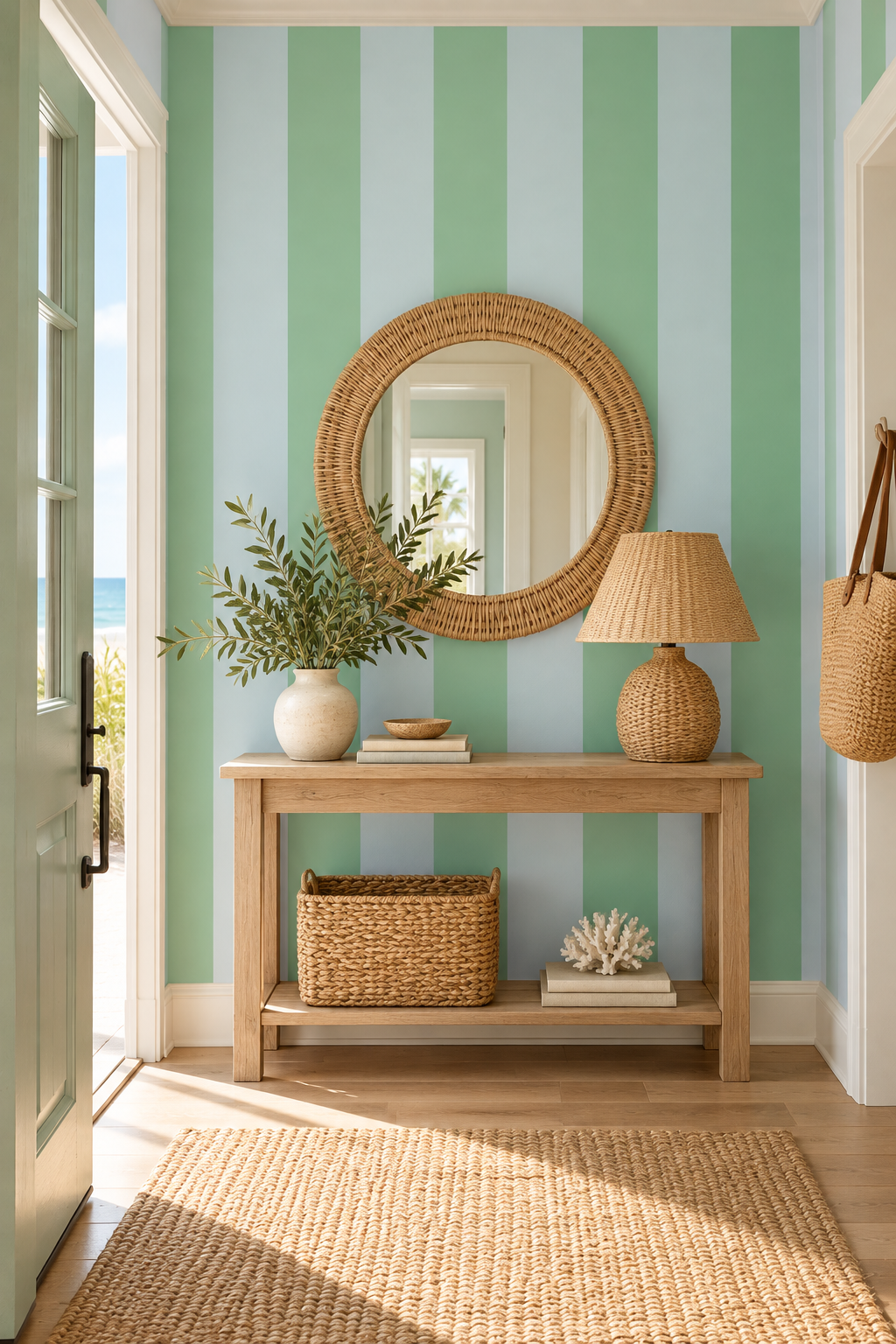 Classic cabana stripe grasscloth wallpaper in crisp coastal blue and bright green stripe perfect for beach house foyers inspired by pool houses.