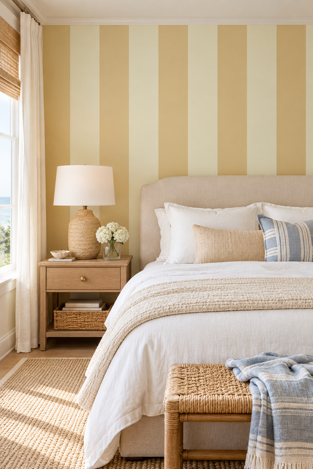 cozy coastal bedroom with luxurious textured all-natural and eco-friendly striped wallpaper in a neutral cream and tan 2-color stripe