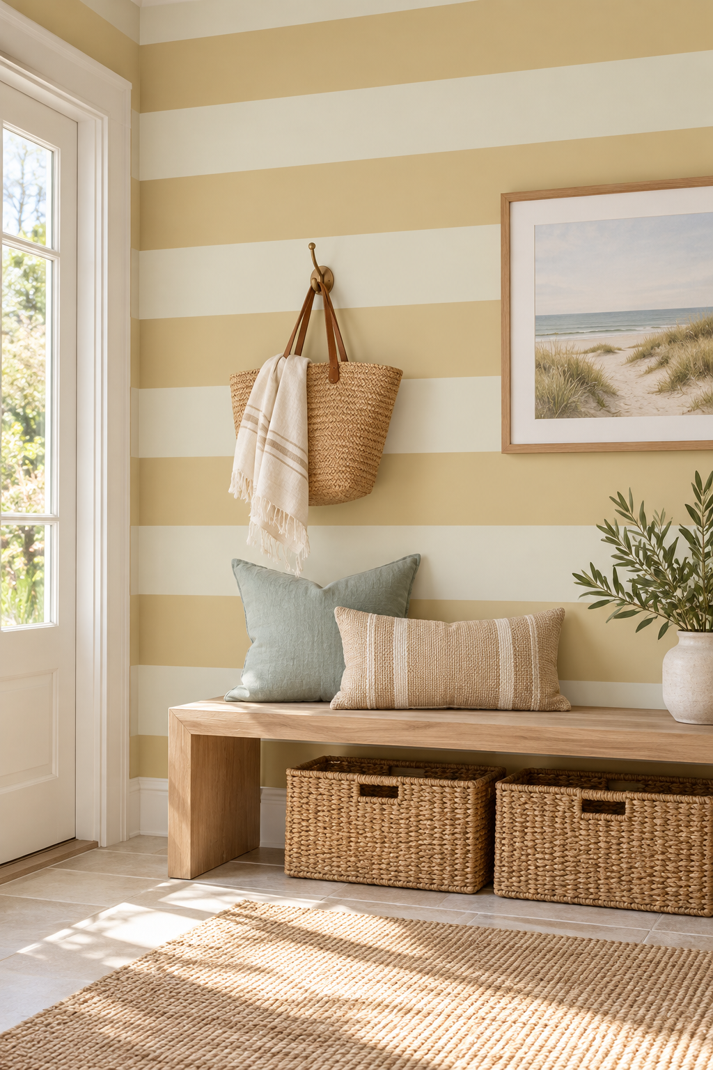 bold neutral striped wallpaper in restaurant, wall-covering is washable and moisture resistant making it the perfect option for kitchens, dining rooms and high traffic foyers and mudrooms