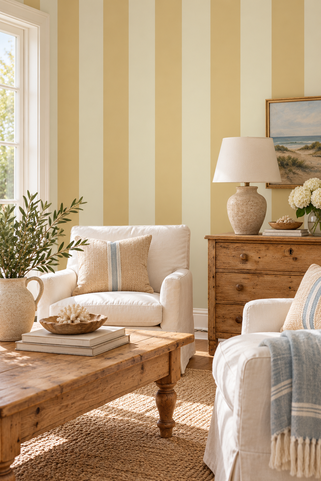 Neutral bold cabana stripe wallpaper in traditional matte for this coastal interior designed living room