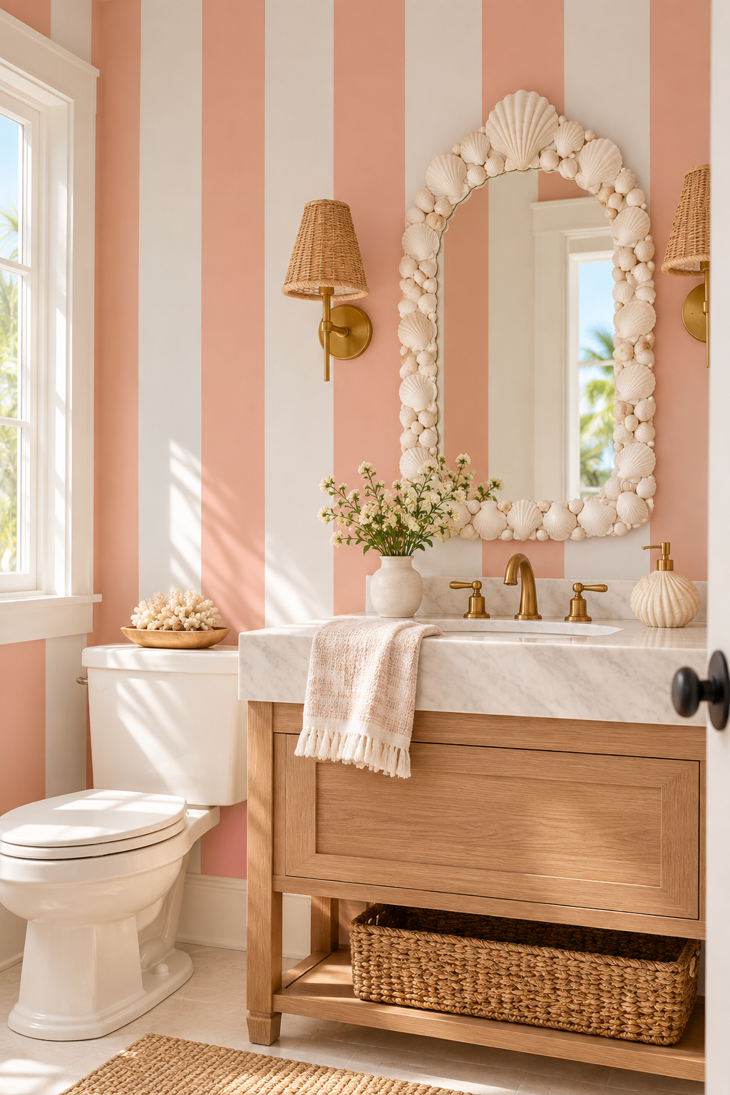 high end interior designed coastal bathroom with pink and white striped commercial grade vinyl wallpaper that is perfect for bathrooms because it is water and stain resistant and can be washed.