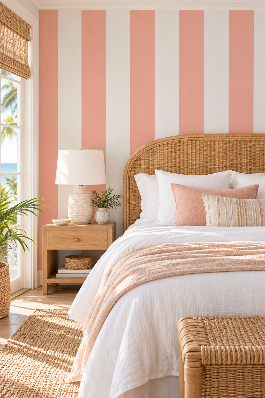 coastal guest bedroom suite with bold pink and white cabana striped wallpaper printed on all-natural and eco-friendly grasscloth wallpaper