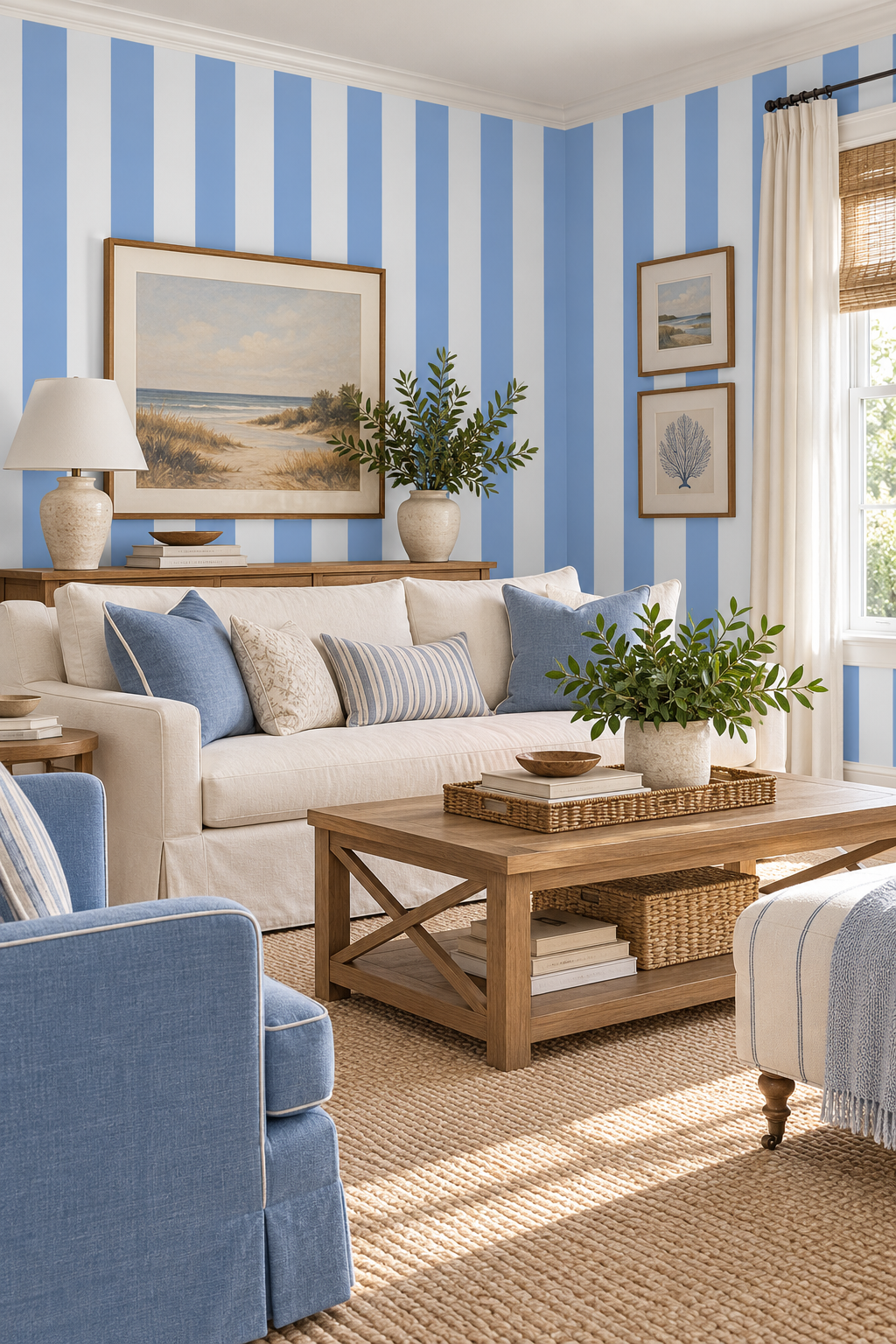 traditional living room featuring coastal inspired blue and white cabana striped wallpaper