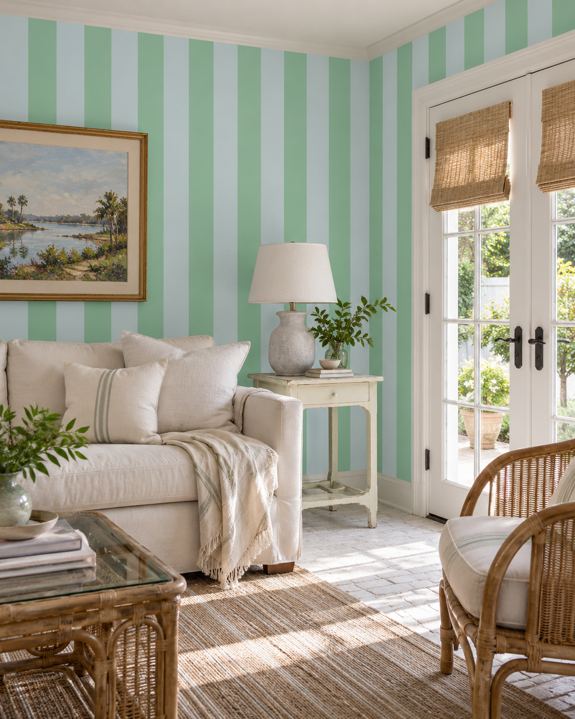 modern bold and impactful wide stripe in calming blue and green inspired by nature printed on traditional wall and hung in a coastal casual living room