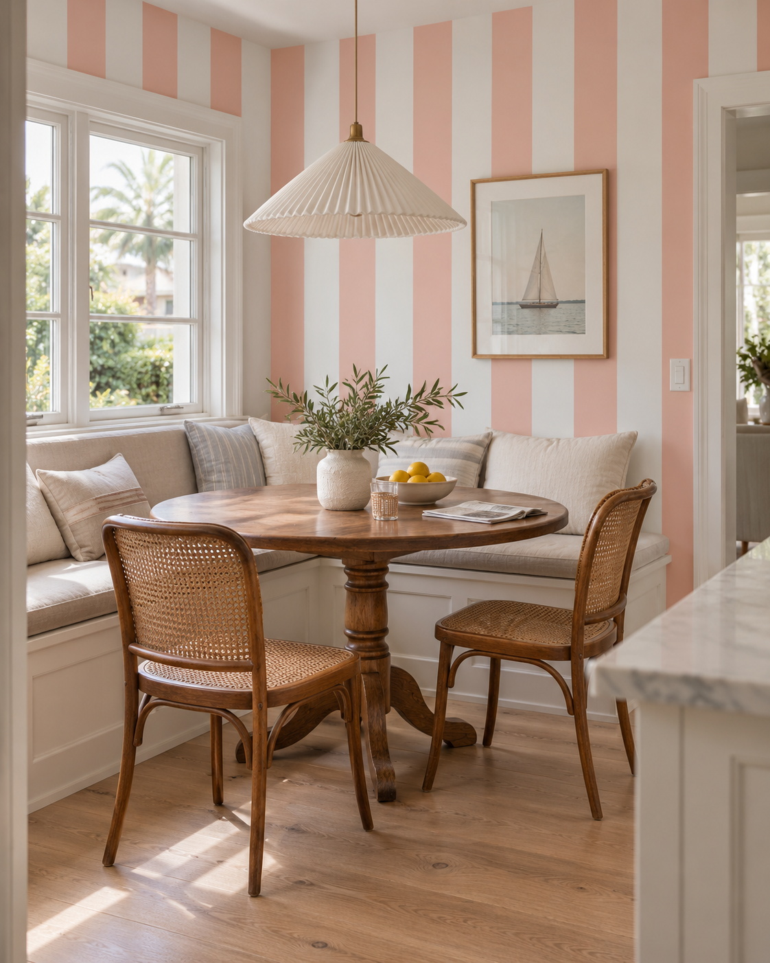 coastal inspired breakfast nook with cabana striped peach pink and white wallpaper