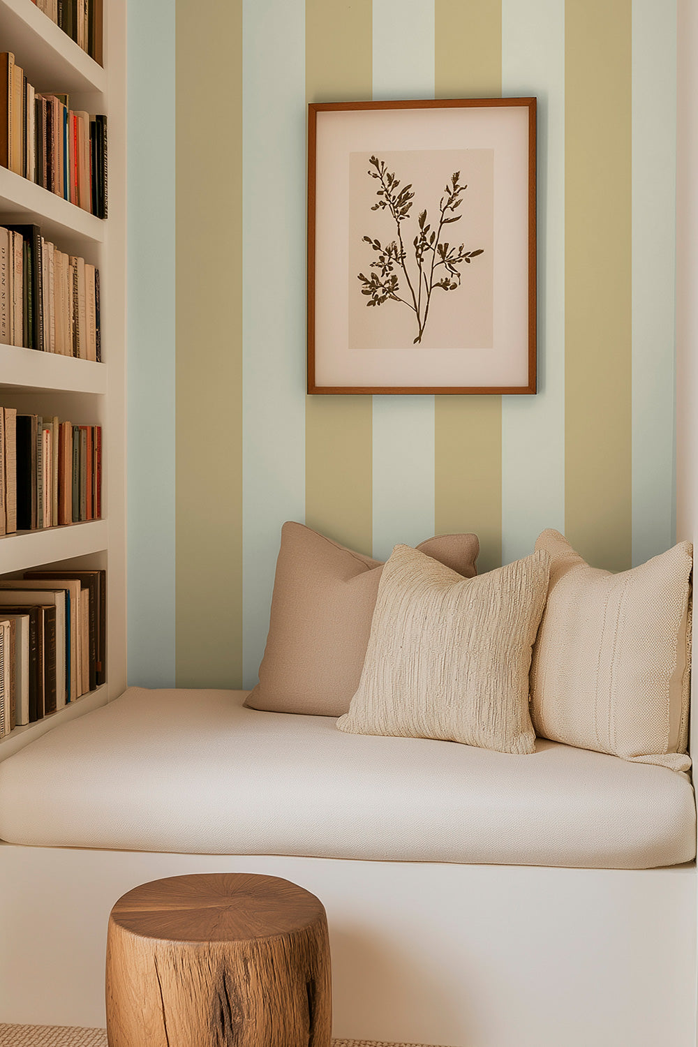reading nook with luxurious textured all-natural and eco-friendly striped wallpaper in a neutral cream and tan 2-color stripe