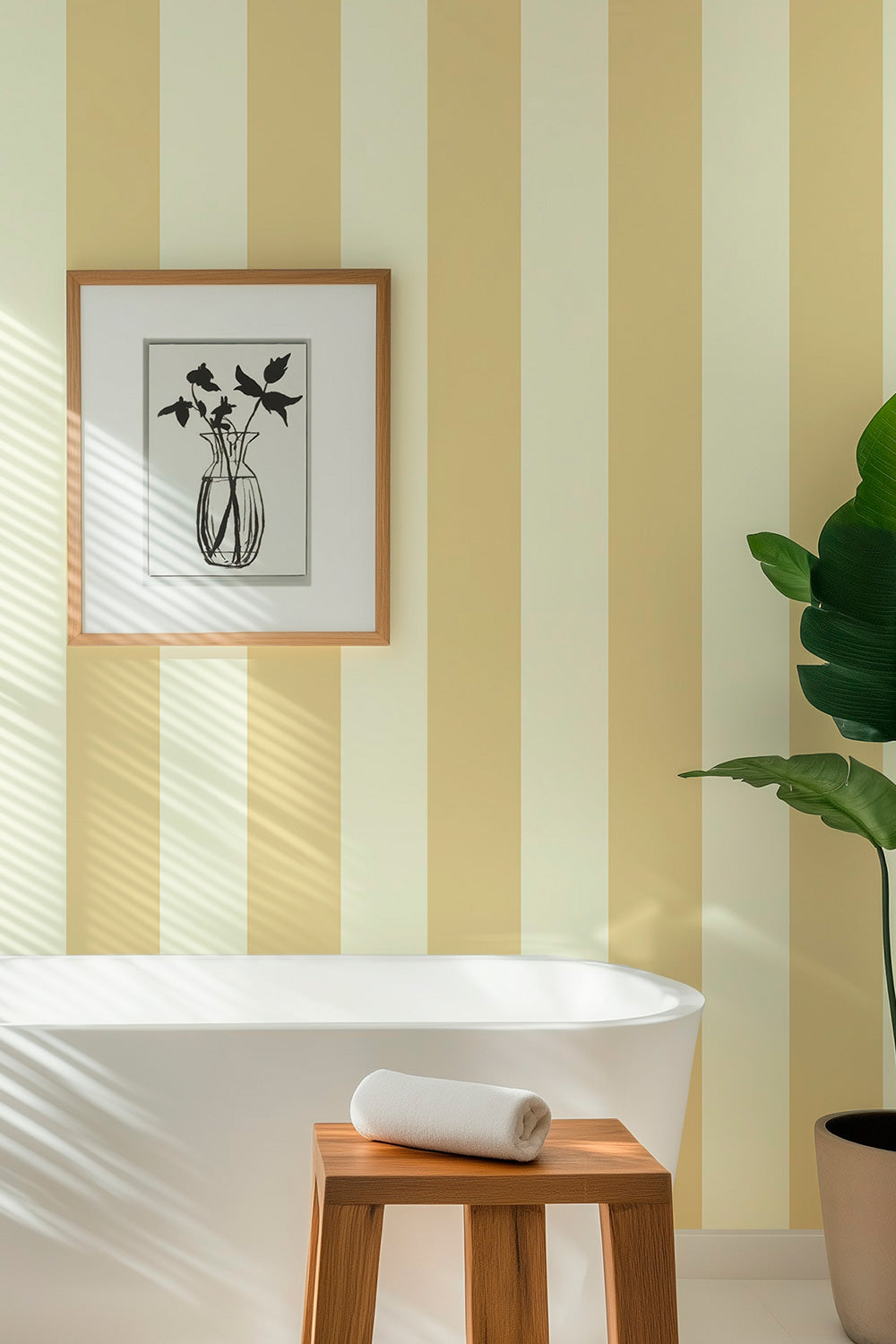 bold neutral striped wallpaper in spa-like bathroom, wall-covering is washable and moisture resistant making it the perfect option for bathrooms