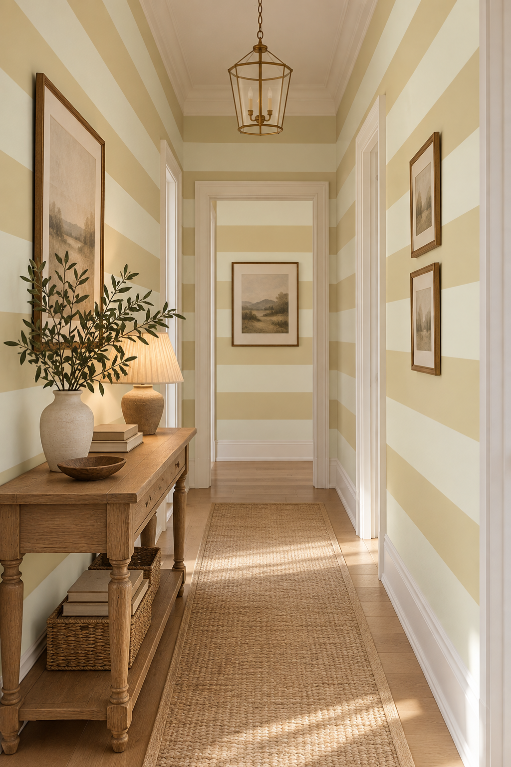 traditional hallway with bold tan and cream cabana striped wallpaper hung horizontally