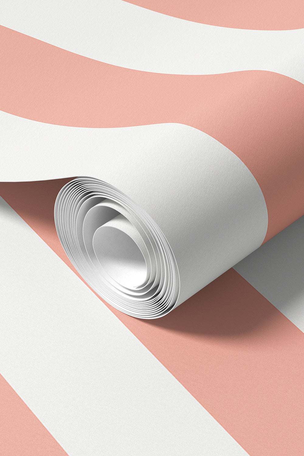 Commercial grade and fire-testing Rolled-up classic peach/pink/coral and white wallpaper, perfect for bathrooms and kitchens because it is washable and stain resistant