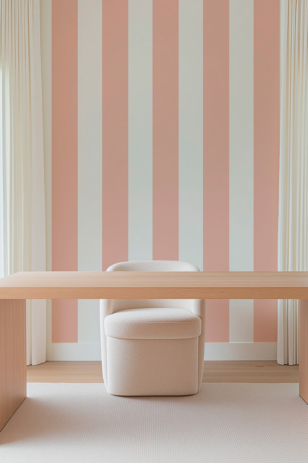 feminine modern office with cabana striped wallpaper in pink and white for home office