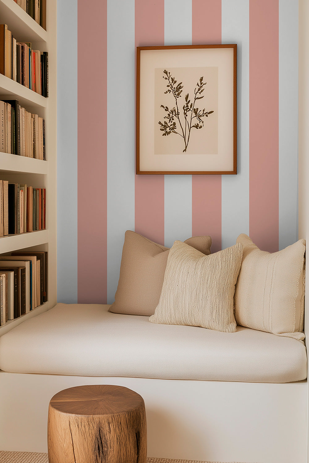 reading nook in interior designed home office with traditional bold striped wallpaper in pink and white