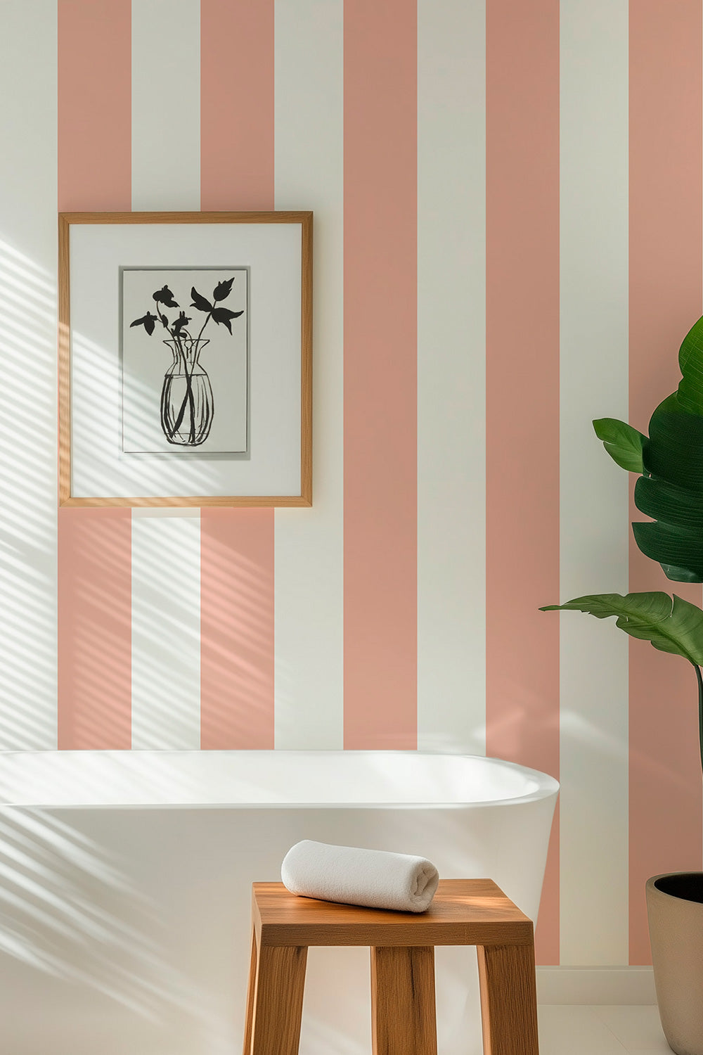 spa Bathroom with elevated pink and white striped cabana and pool club inspired bold commercial grade vinyl wallpaper