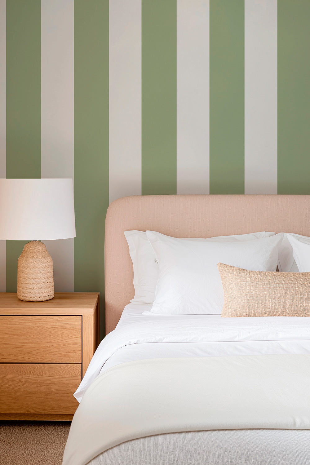 quiet and peaceful high-end modern bedroom with eco-friendly grasscloth wallpaper in clean green and white stripe