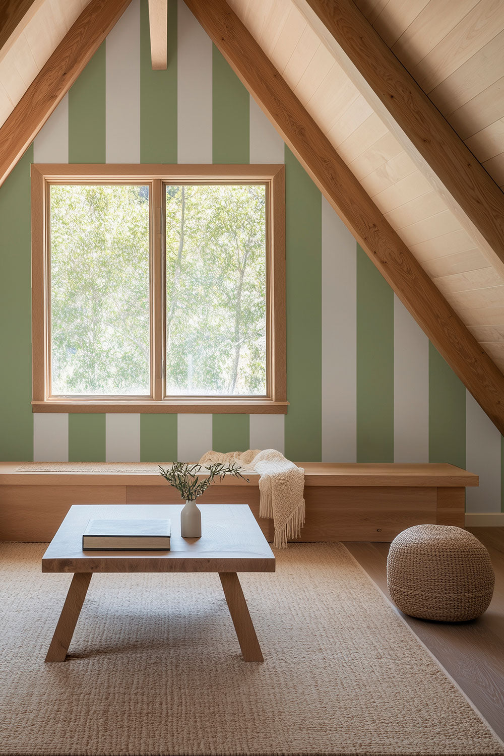 vacation house family room with a-frame ceiling and calming and versatile bold green and white stripe wall covering