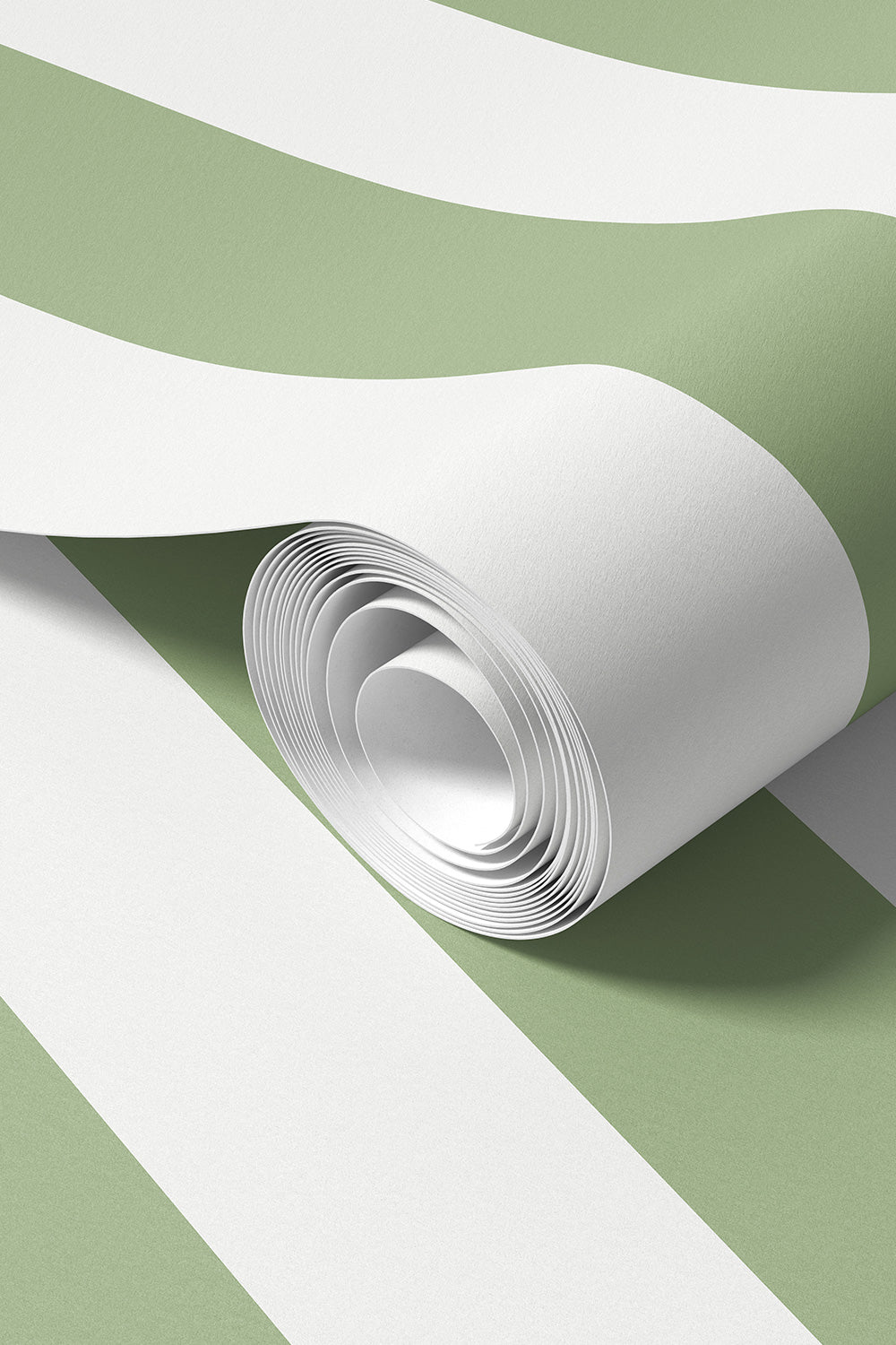 Commercial grade and fire-testing Rolled-up classic garden moss green & white wallpaper, perfect for bathrooms and kitchens because it is washable and stain resistant