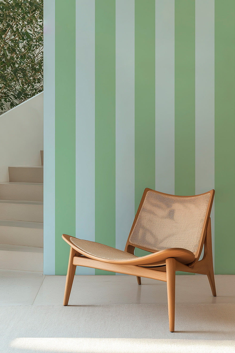 entryway in modern new build house with light and calming blue and spring green bold striped wallpaper, printed on commercial grade vinyl, the perfect wallpaper for high traffic areas due to it's performance technology