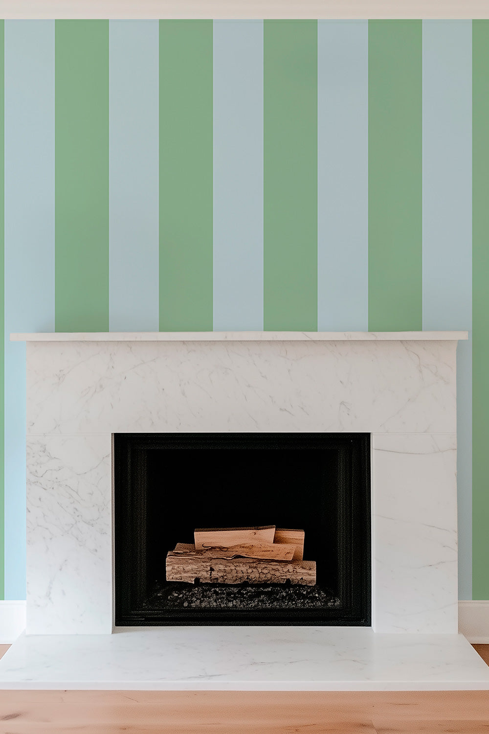 modern bold and impactful wide stripe in calming blue and green inspired by nature printed on traditional wall and hung in a modern living room over a fireplace