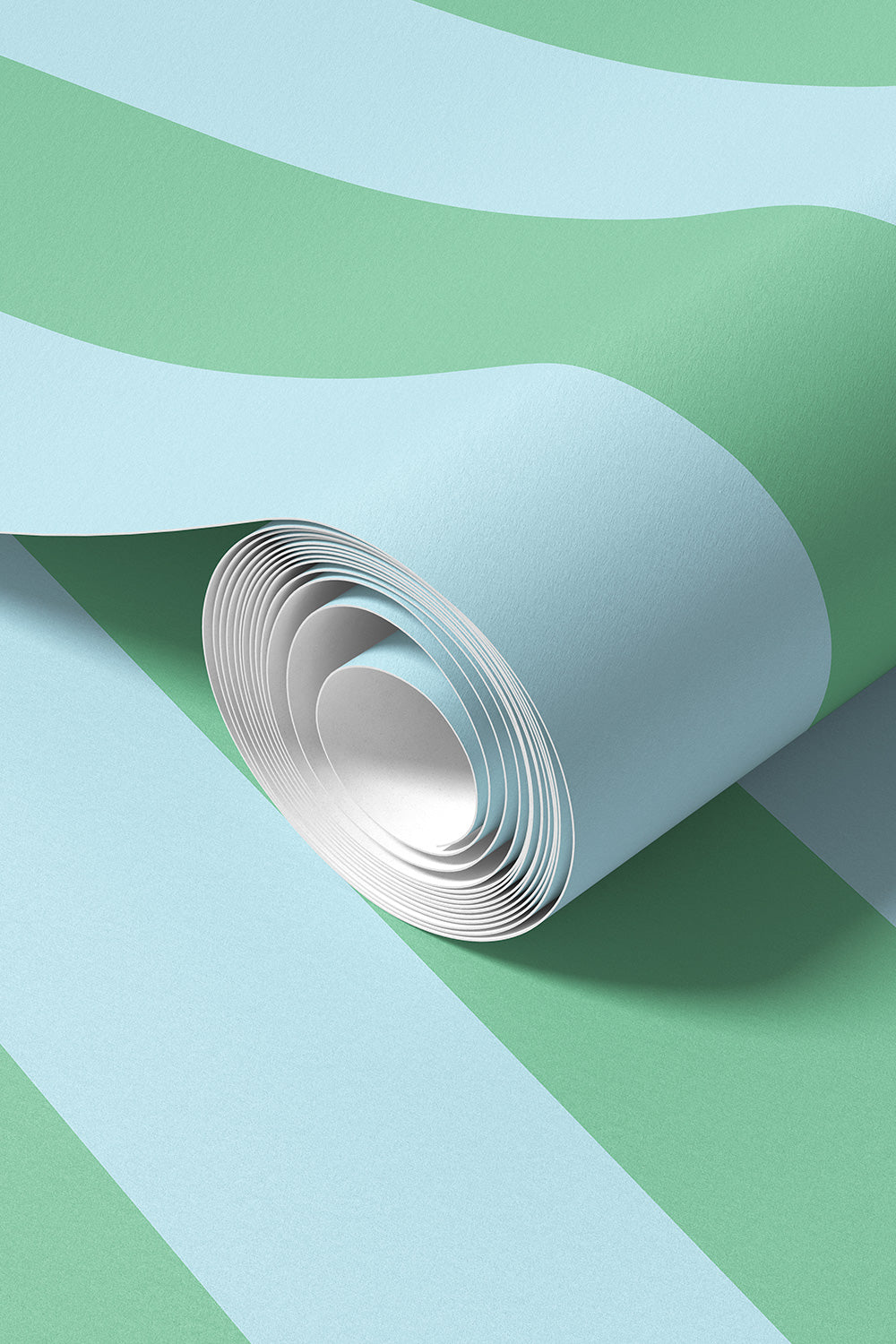 Commercial grade and fire-testing Rolled-up classic sky blue & spring green  wallpaper, perfect for bathrooms and kitchens because it is washable and stain resistant