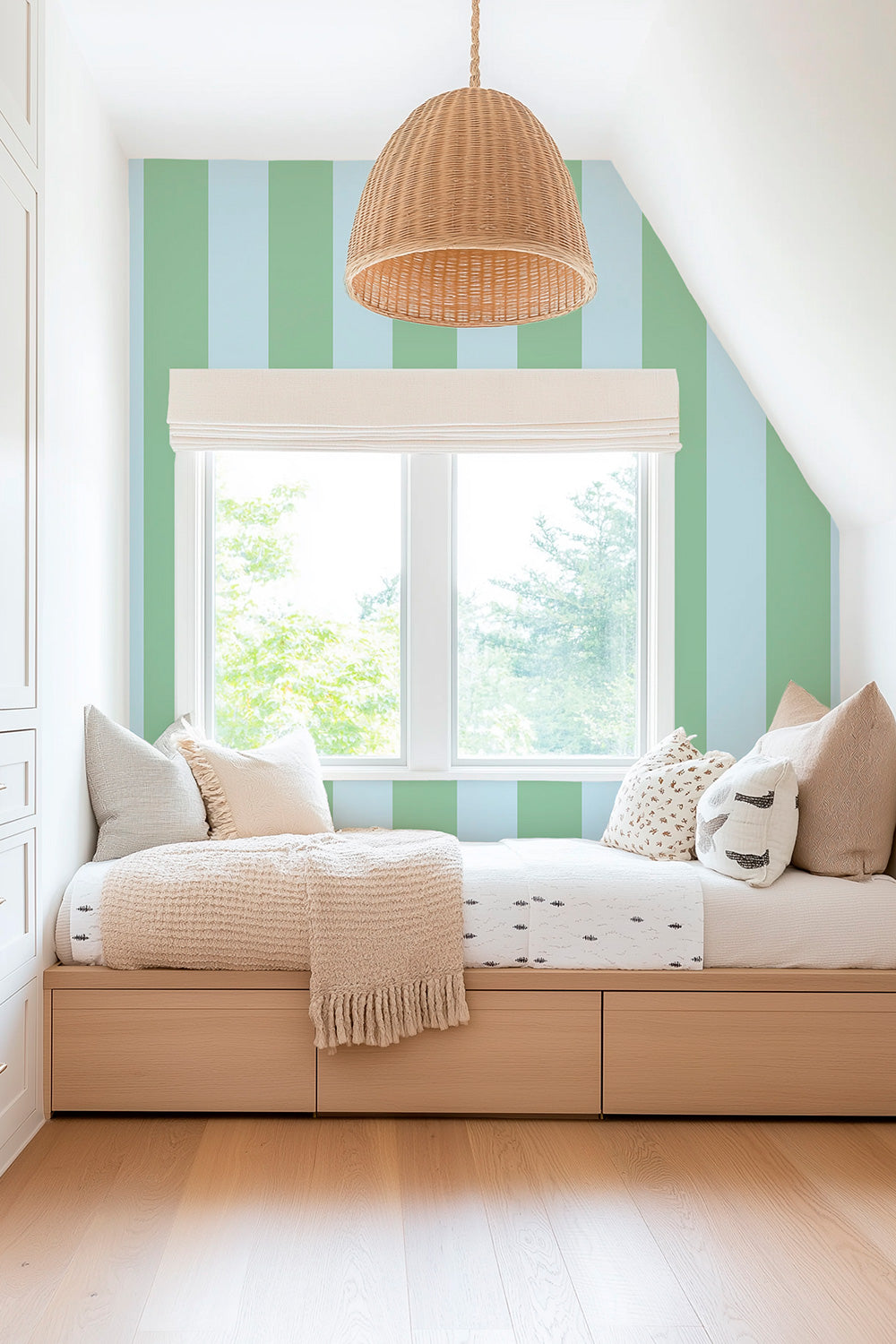 Classic cabana stripe grasscloth wallpaper in crisp coastal blue and bright green stripe perfect for beach houses inspired by pool houses.