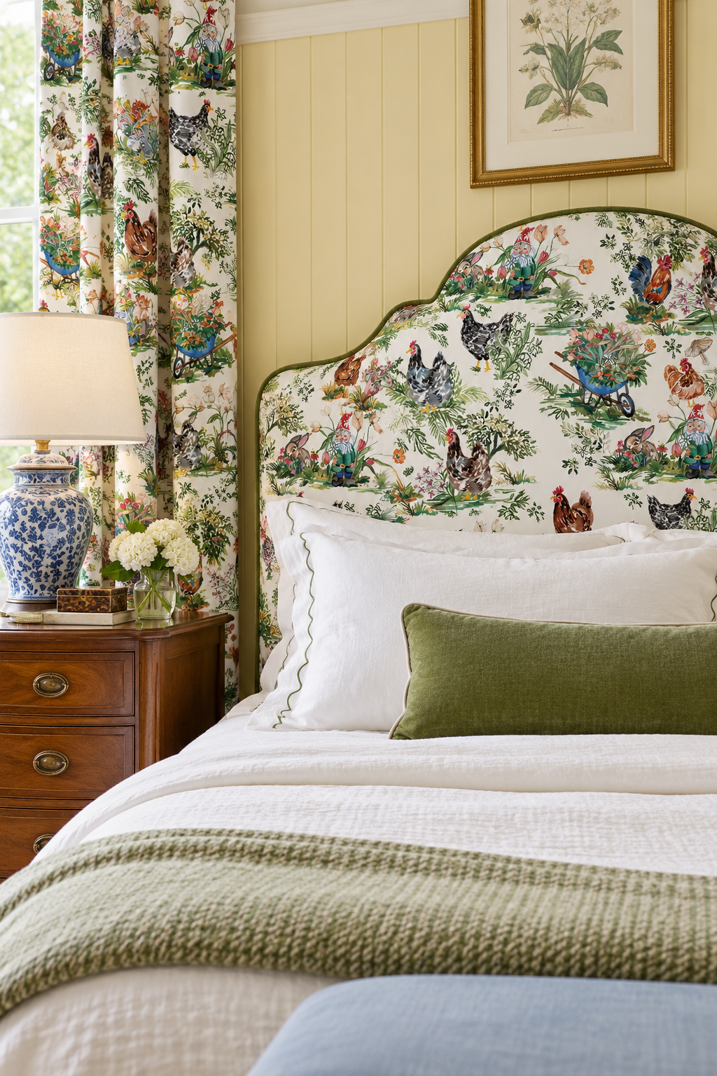 Playful farmhouse toile upholstery fabric with hand-painted chickens, bunnies, mushrooms, and garden motifs in a classic toile layout featured as the custom headboard and curtains in this cozy cottage guest bedroom.