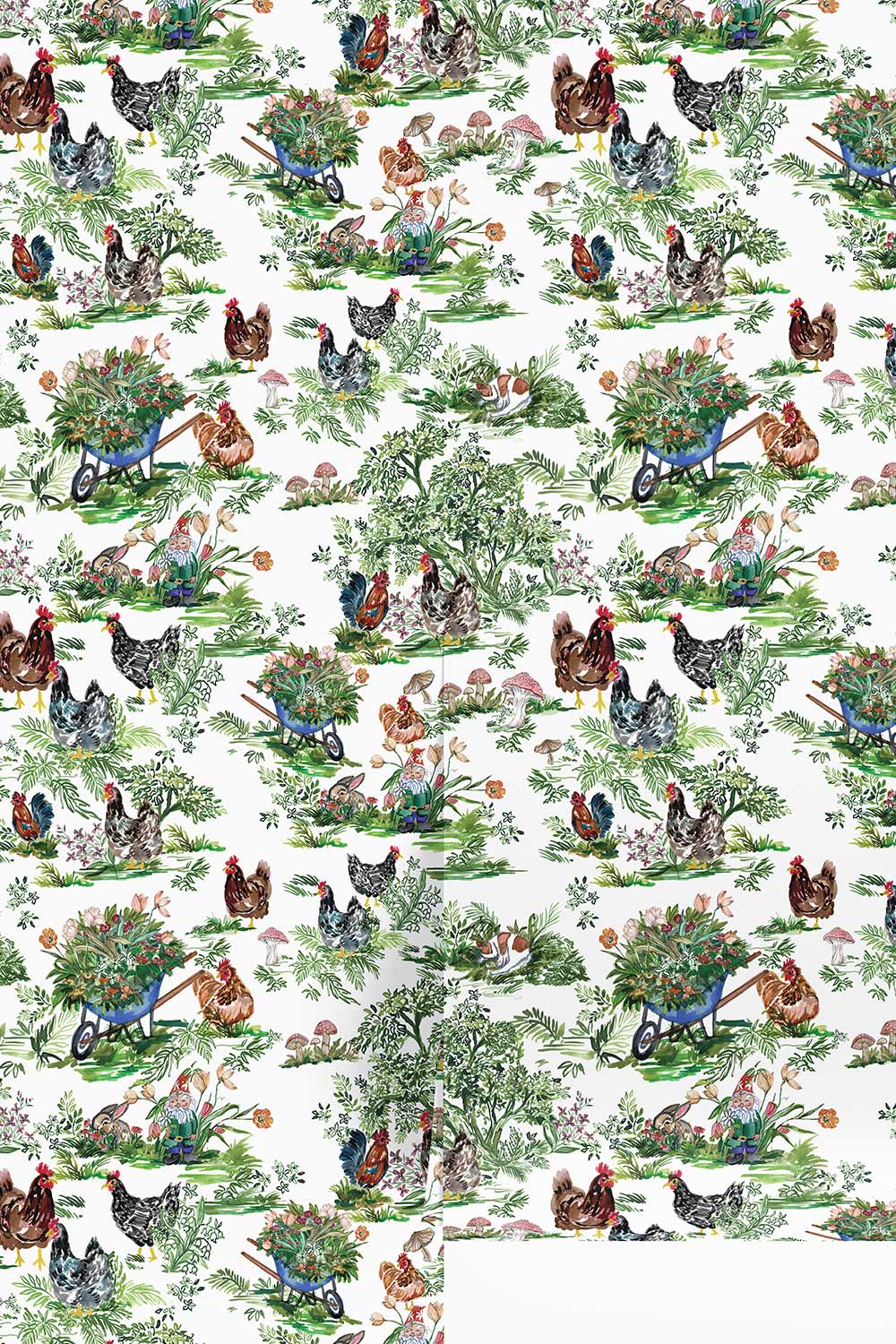 chicken toile wallpaper, farmhouse cottage wallpaper, whimsical toile print, chicken wallcovering, cottagecore wallpaper, farm animal wallpaper, vintage style toile, charming farmhouse decor