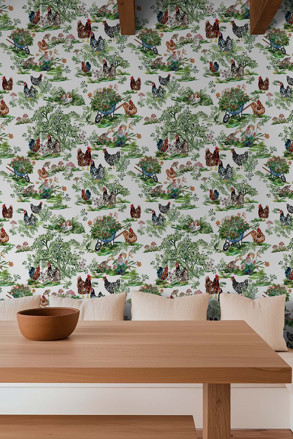 Textured commercial vinyl wallpaper featuring hand-painted chickens, garden gnomes, mushrooms, and playful woodland details in a modern farmhouse toile style.