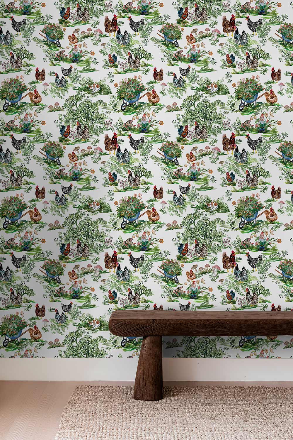 Hand-painted chicken toile wallpaper printed on natural grasscloth, featuring hens, gnomes, mushrooms, and bunnies in a whimsical garden scene.