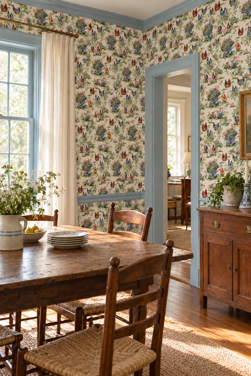 Hand-painted chicken toile wallpaper printed on natural grasscloth, featuring hens, gnomes, mushrooms, and bunnies in a whimsical garden scene, installed in this country cottage dining room