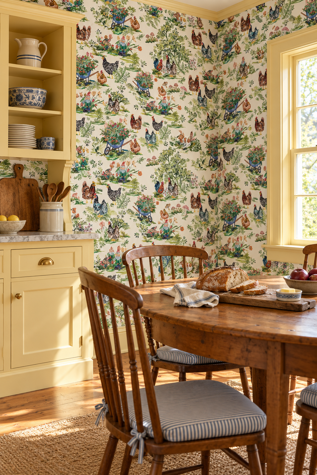 Watercolor chicken toile wallpaper with hens, gnomes, wild mushrooms, and bunnies arranged in a whimsical repeating pastoral scene featured in this farm house dining room