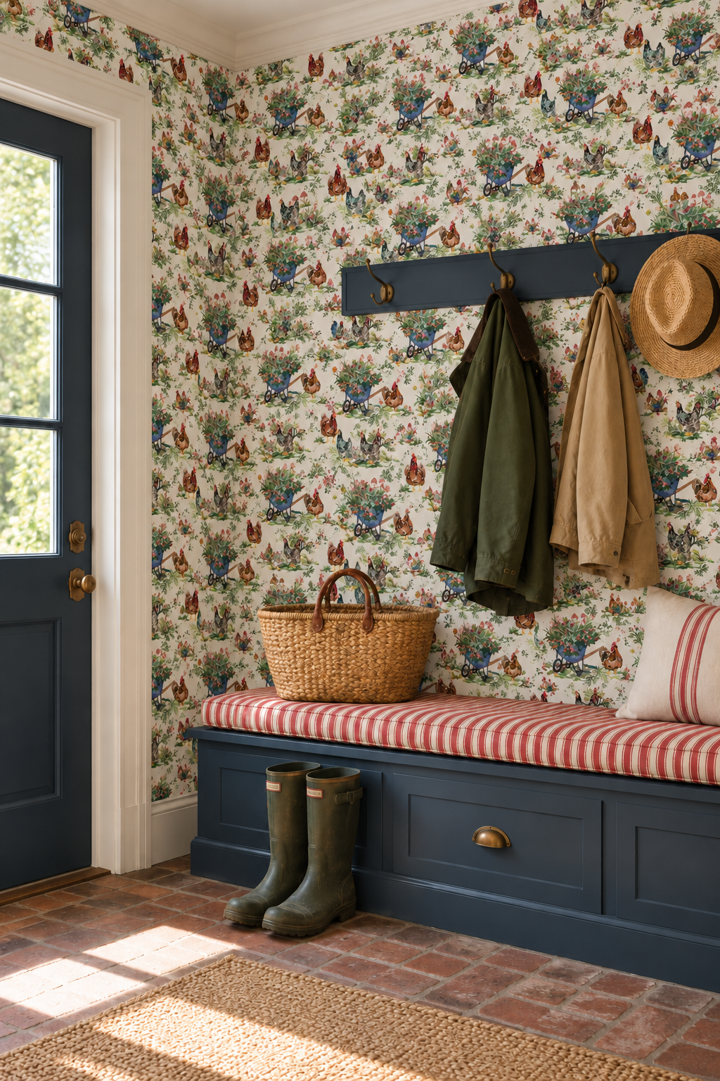 Textured commercial vinyl wallpaper featuring hand-painted chickens, garden gnomes, mushrooms, and playful woodland details in a modern farmhouse toile style.