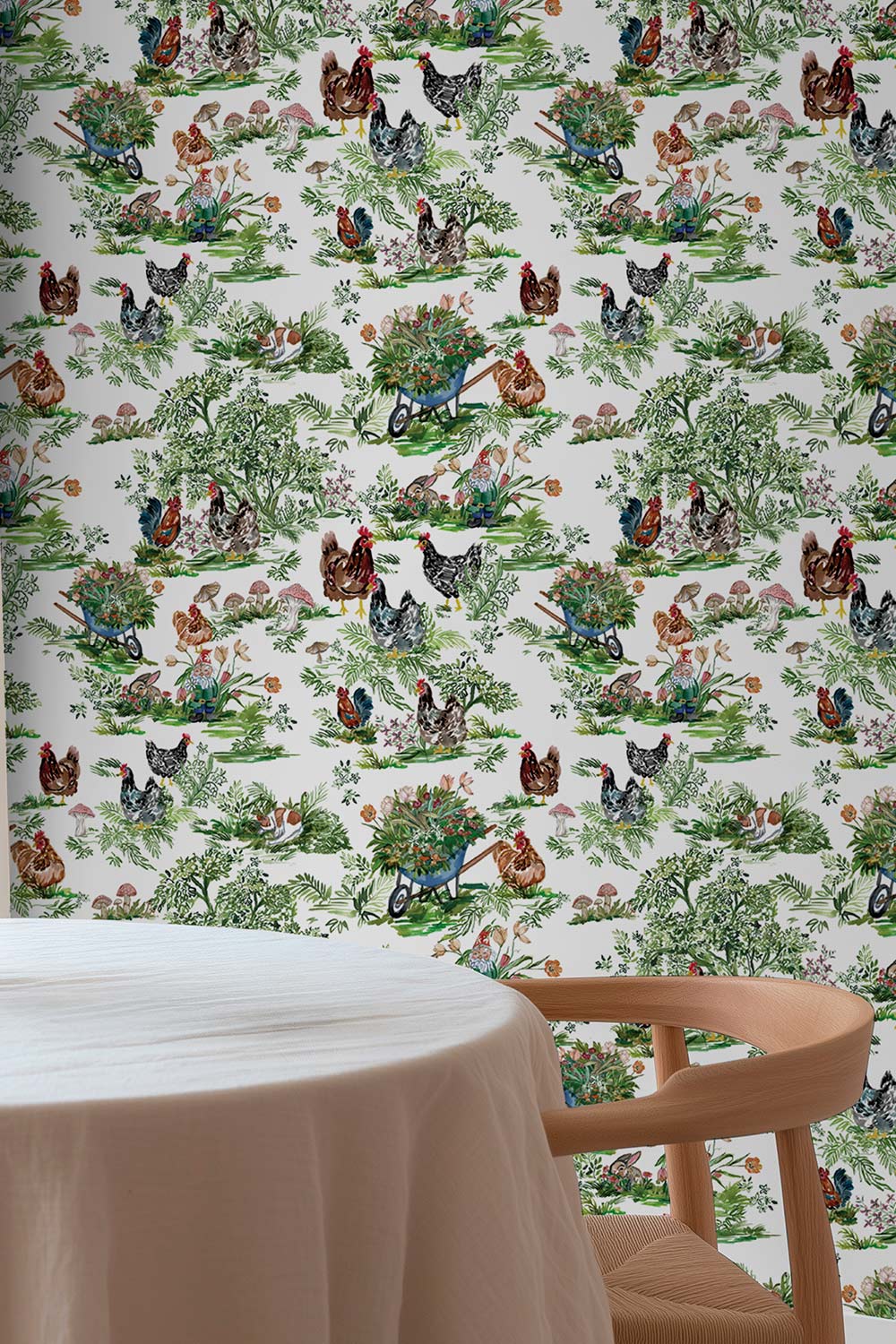 Watercolor chicken toile wallpaper with hens, gnomes, wild mushrooms, and bunnies arranged in a whimsical repeating pastoral scene.