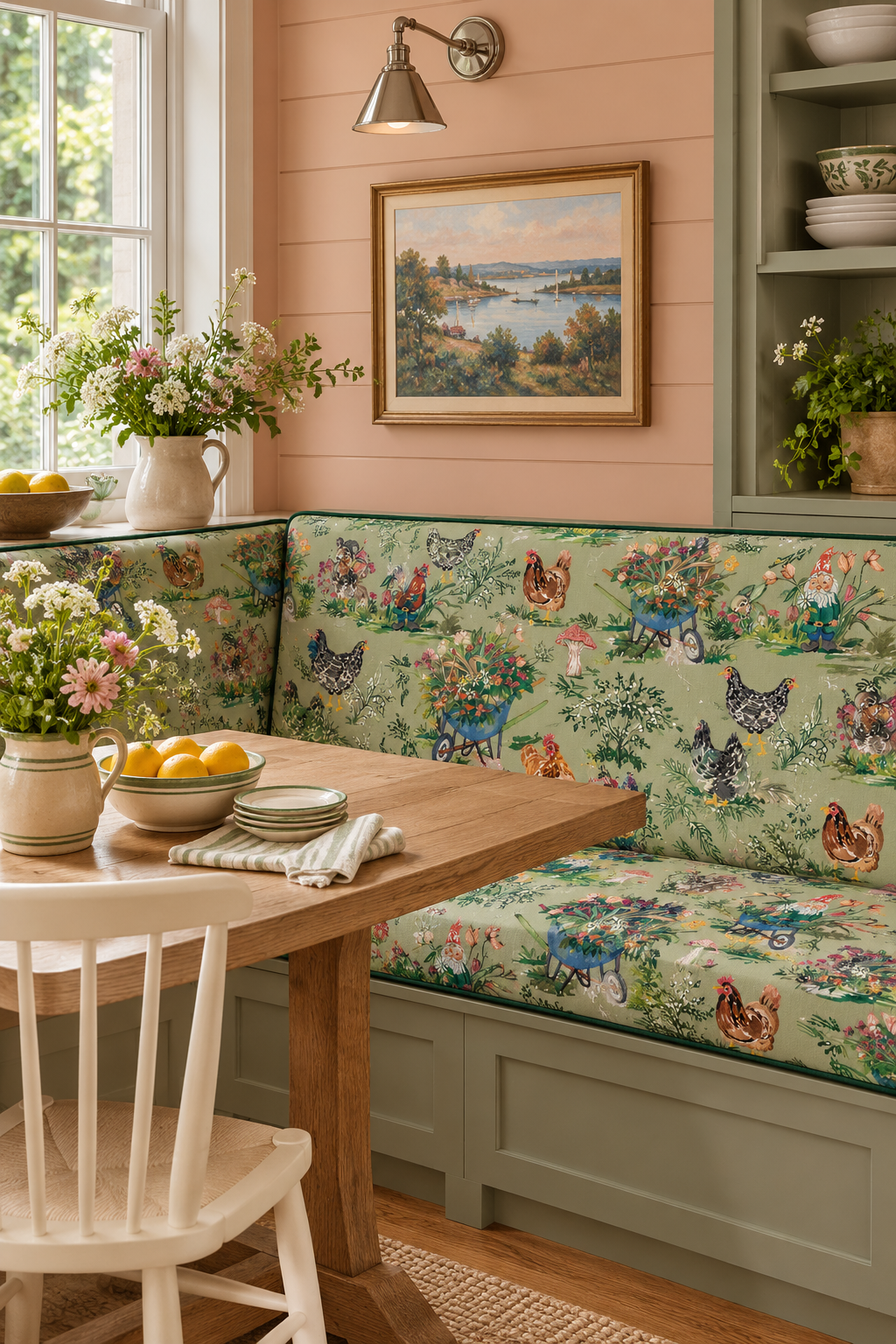 Playful farmhouse toile upholstery fabric with hand-painted chickens, bunnies, mushrooms, and garden motifs in a classic toile layout featured as the upholstered cushions in this cozy cottage breakfast nook
