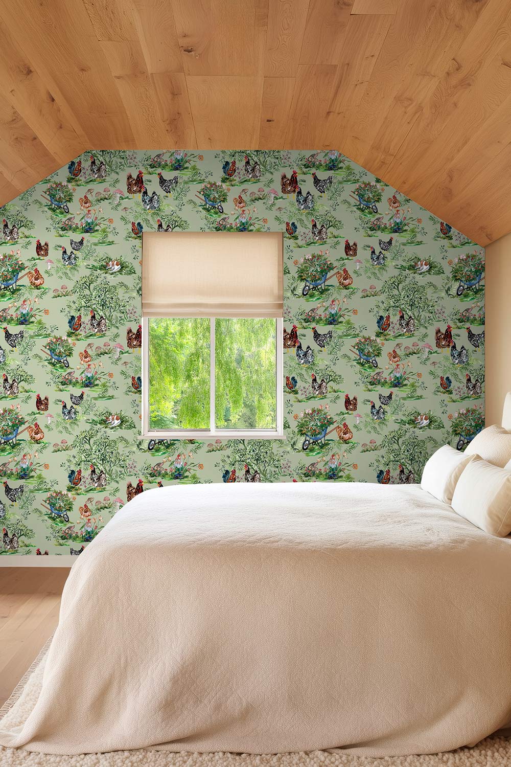 Hand-painted chicken toile wallpaper printed on natural grasscloth, featuring hens, gnomes, mushrooms, and bunnies in a whimsical garden scene.
