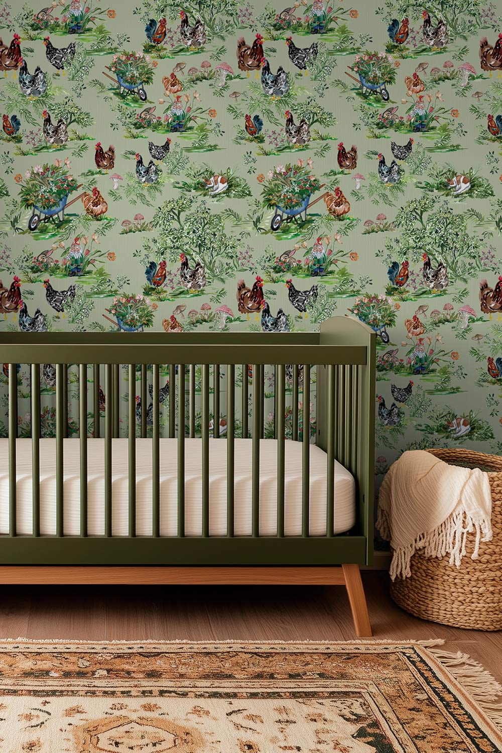 Watercolor chicken toile wallpaper with hens, gnomes, wild mushrooms, and bunnies arranged in a whimsical repeating pastoral scene.