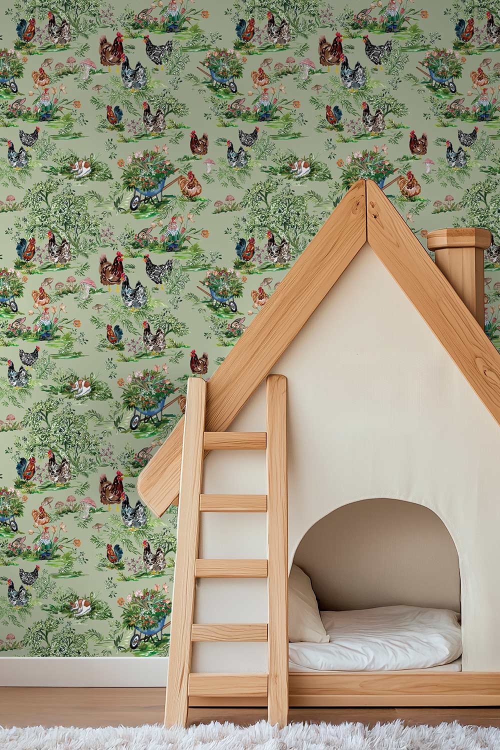 Textured commercial vinyl wallpaper featuring hand-painted chickens, garden gnomes, mushrooms, and playful woodland details in a modern farmhouse toile style.