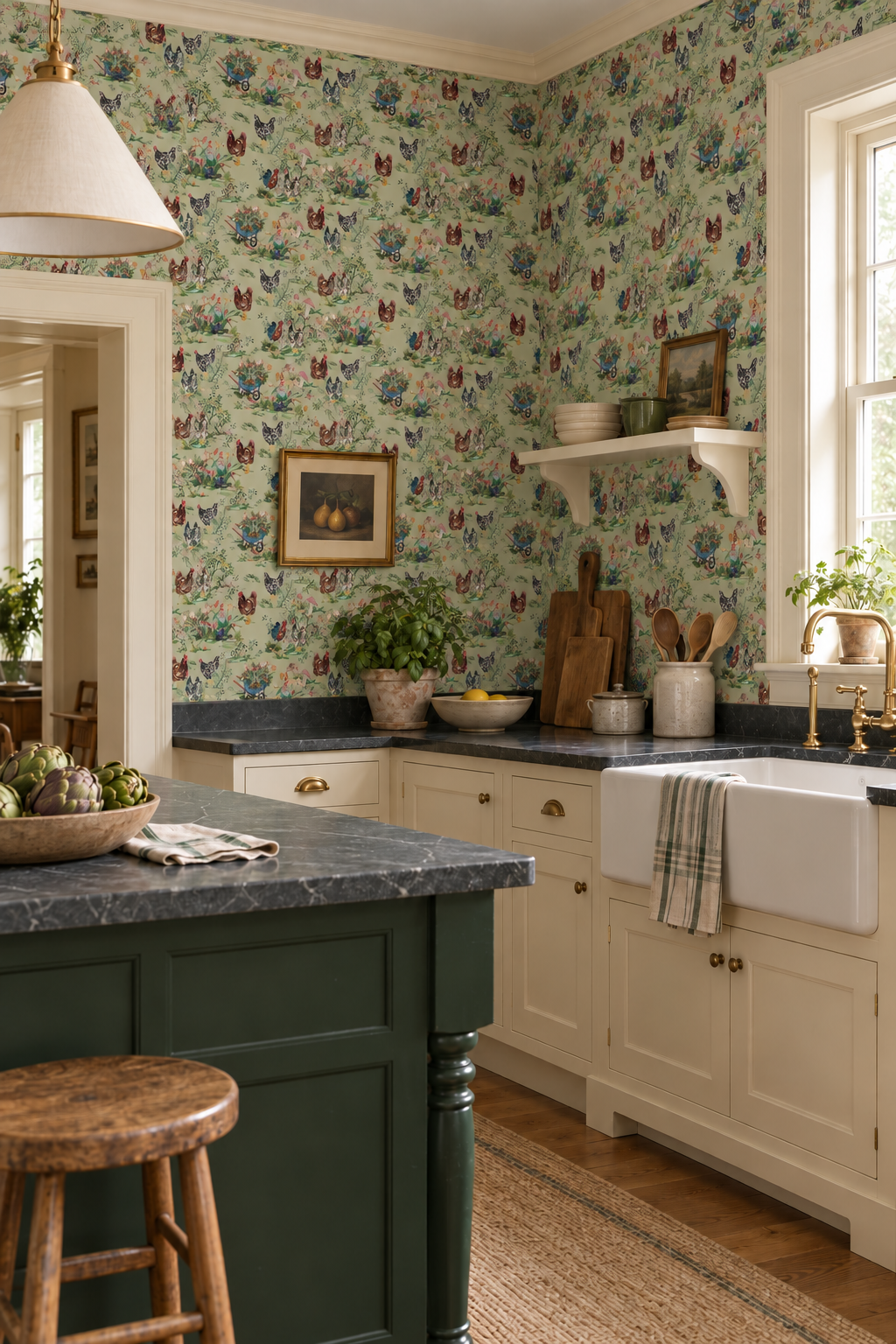 Textured commercial vinyl wallpaper featuring hand-painted chickens, garden gnomes, mushrooms, and playful woodland details in a modern farmhouse toile style.
