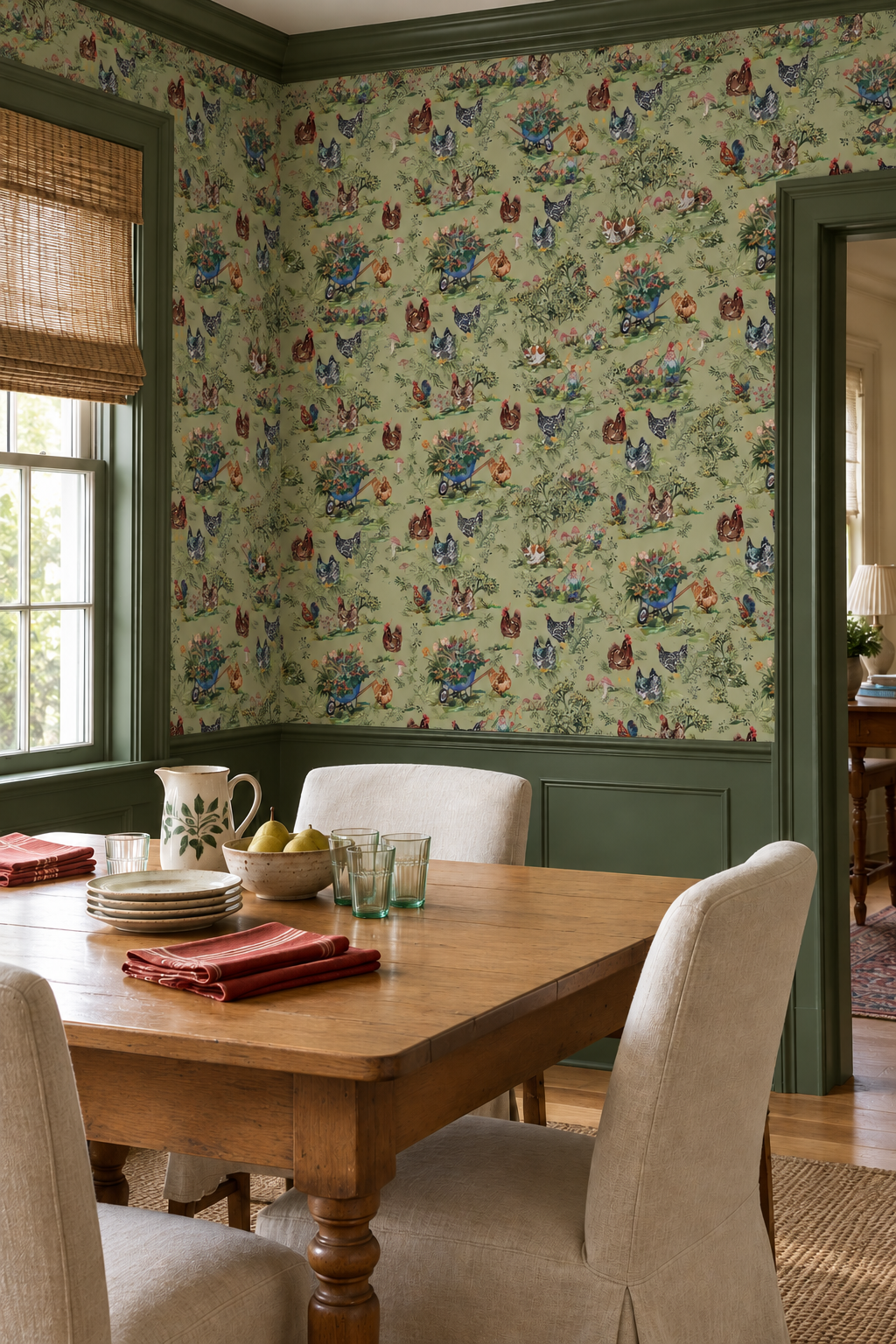 Hand-painted chicken toile wallpaper printed on natural grasscloth, featuring hens, gnomes, mushrooms, and bunnies in a whimsical garden scene featured in this traditional home dining room